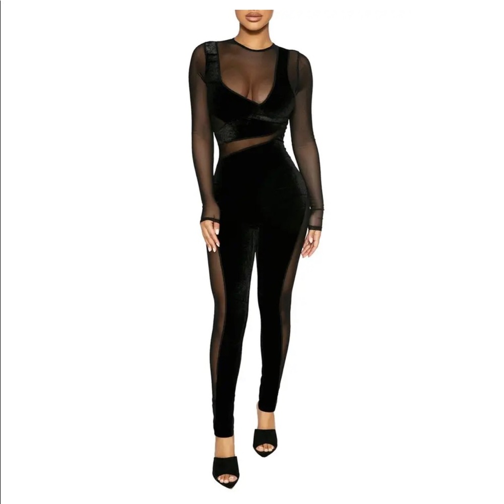 Naked Wardrobe Velvet & sheer jumpsuit